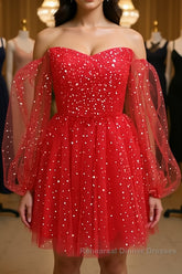 Short Red Long Sleeves Tulle Semi Formal Prom Dresses, Short Red Long Sleeves Formal Homecoming Dresses